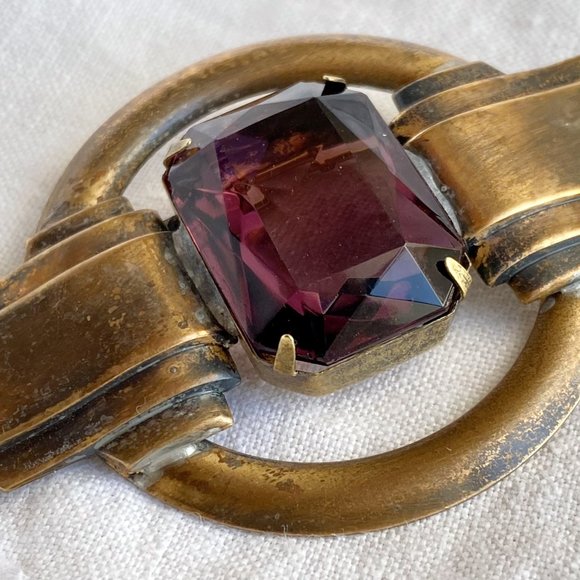 Art Deco Revival Large Amethyst & Brass Brooch - Picture 2 of 5